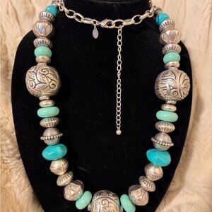 Chico’s Statement Necklace with Silver Tone Beads and Turquoise Colored Stone